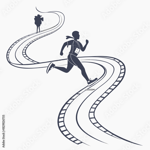 Runner on a winding track with a distant hiker on a separate path