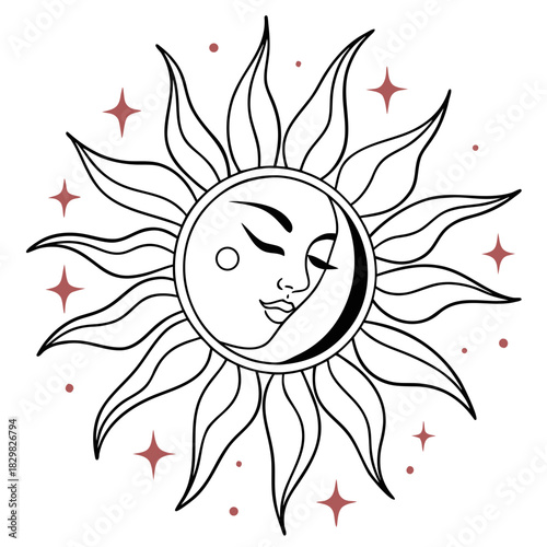 Celestial sun and moon face with stars and dots