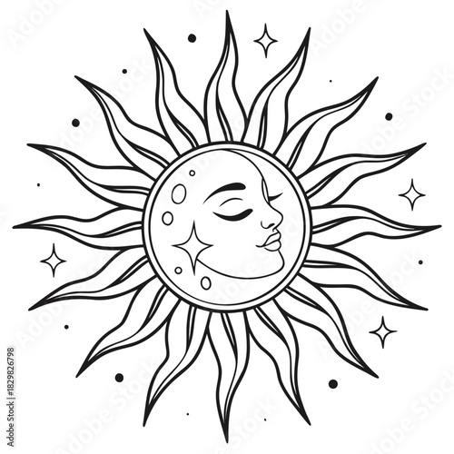 Mystical sun and moon face with celestial stars and dots