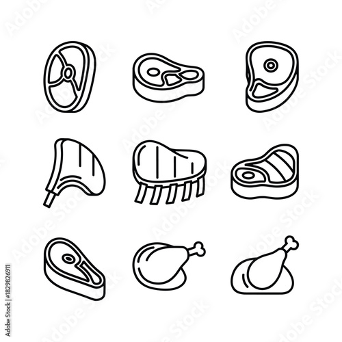 Assortment of line art icons illustrating various raw meat cuts and poultry for culinary concepts