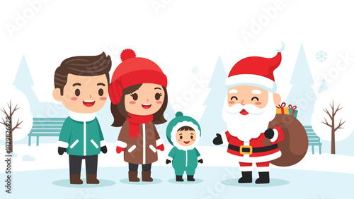 Kawaii family visiting Santa Claus and enjoying a magical Christmas moment. Ideal for adorable festive scenes, holiday joy, and winter tradition visuals.