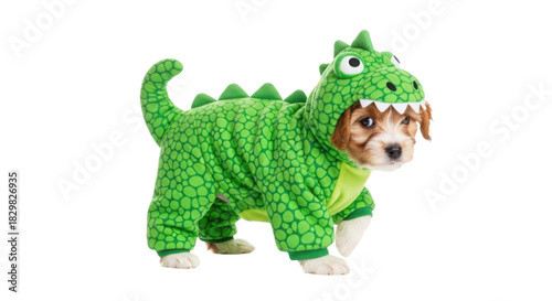 Cute dog wearing a green dinosaur costume isolated PNG with Transparent Background