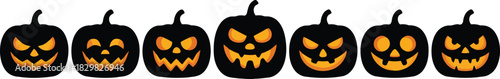 Seven black Halloween jack o lanterns with distinct glowing orange carved expressions arranged in a straight row