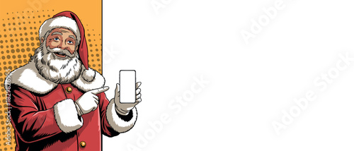Pop art Santa Claus with a phone near a blank banner