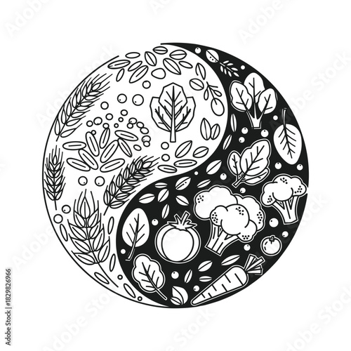 Yin yang symbol with balanced arrangement of natural plant-based food elements, representing healthy eating and dietary harmony.