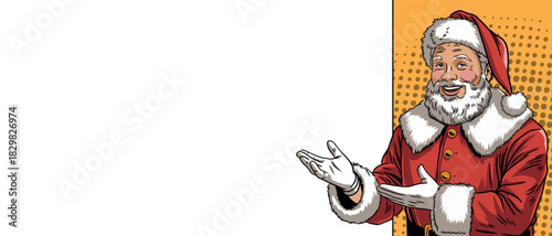 Pop art style Santa Claus with a blank banner