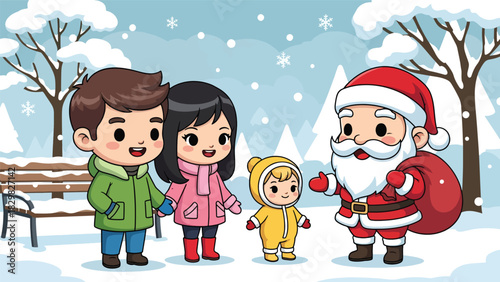 Kawaii family visiting Santa Claus and enjoying a magical Christmas moment. Ideal for adorable festive scenes, holiday joy, and winter tradition visuals.