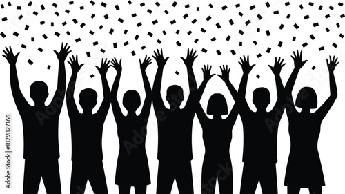 Seven excited people silhouettes joyfully raise their hands with confetti falling around them