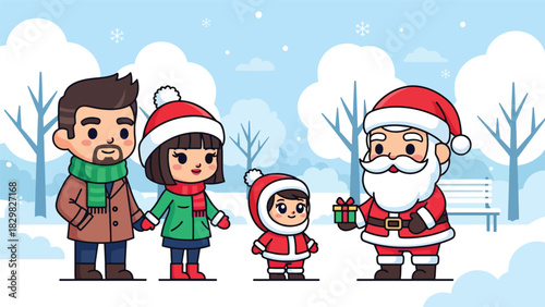 Kawaii family visiting Santa Claus and enjoying a magical Christmas moment. Ideal for adorable festive scenes, holiday joy, and winter tradition visuals.