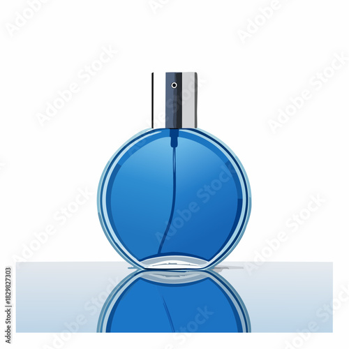 Clear Glass Perfume Bottle with Blue Liquid and Silver Cap Reflected on a White Surface