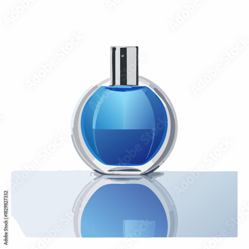 Clear Round Glass Perfume Bottle With Blue Liquid and Silver Cap Reflected on a White Surface