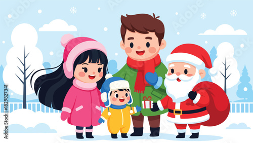 Kawaii family visiting Santa Claus and enjoying a magical Christmas moment. Ideal for adorable festive scenes, holiday joy, and winter tradition visuals.