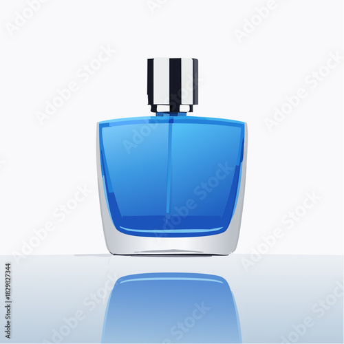 Elegant Blue Glass Perfume Bottle with Silver Cap and Reflective Surface Minimalist Studio Product Shot