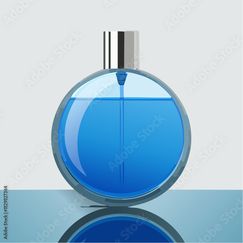 Round Glass Perfume Bottle With Blue Liquid And Silver Cap Reflected On A Mirrored Surface