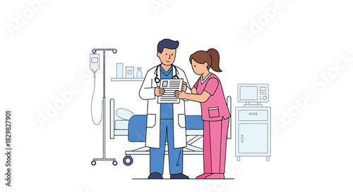 Doctor and nurse tending to patient in hospital room illustration