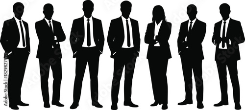 Seven professional business people silhouettes stand in a line on a clean white background