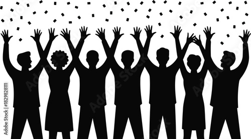 Silhouettes of a happy diverse group of people celebrating together with arms raised under falling confetti