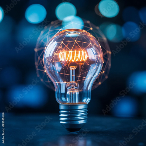 Electric light bulb bright polygonal connections on a dark blue background. Technology concept innovation artificial intelligence brainstorming business success 