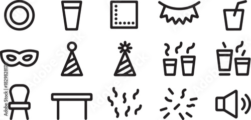 Party Icon Set Featuring Celebration Elements Including Drinks Decoration and Entertainment Black and White