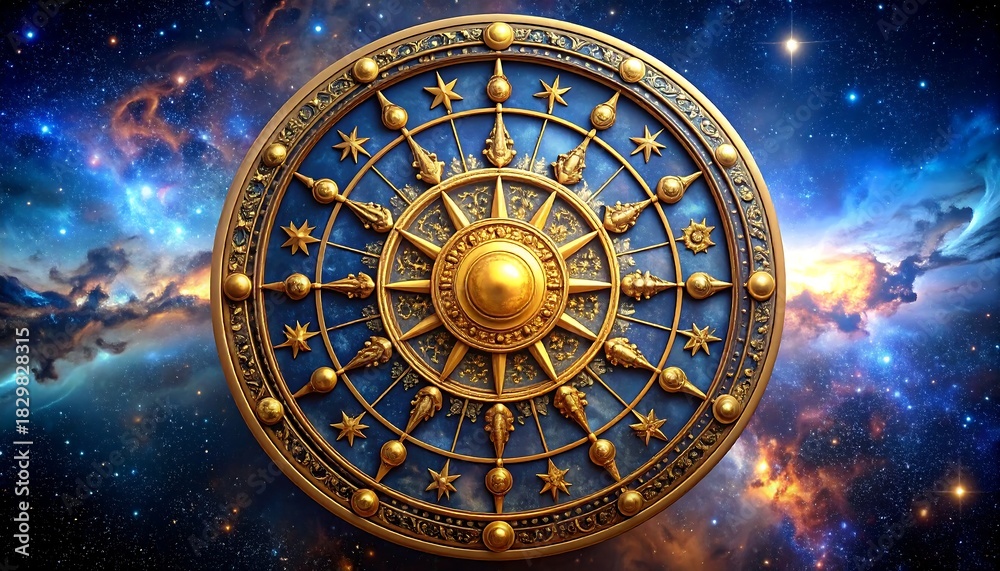 Fototapeta premium Ornate golden wheel design with a blue background against a galaxy backdrop filled with stars and nebulas