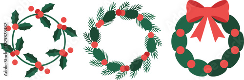 Three cheerful winter holiday wreaths showcasing various green leaves, pine needles, and bright red berries