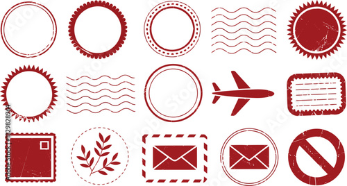 Varied assortment of red distressed postmarks and symbols for mailing and travel themes