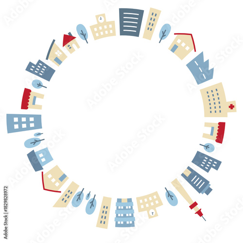 街の建物と施設が円形に並んだフレーム風イラスト　かわいいベクターデザイン｜建物, 病院, 家, 商業施設, 学校, フレーム, 円, 中心余白