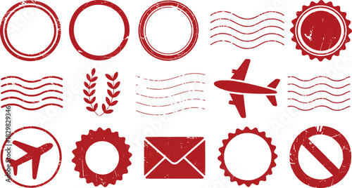 Various red grunge postmark shapes and travel symbols displayed on a bright white background