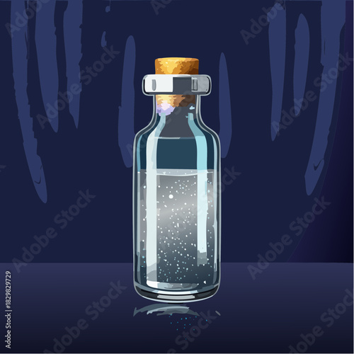 Clear Glass Potion Bottle With Cork Stopper Filled With Sparkling Liquid And Tiny Bubbles On Dark Blue Background