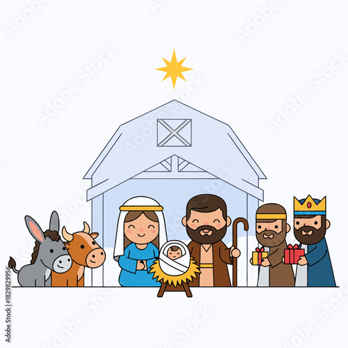Cartoon Nativity characters in an adorable, flat composition depicting baby Jesus, Mary, Joseph, donkey, cow, and the three wise men. Cute cartoon Nativity characters offer festive holiday spirit.