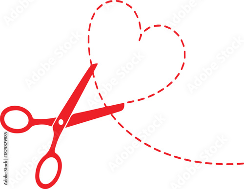Red Scissors Cutting Dashed Heart Outline cutting, heart outline, dashed line,