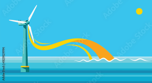 An illustration depicts a wind turbine generating clean energy, with flowing lines representing its power source in the ocean under a sunny sky.