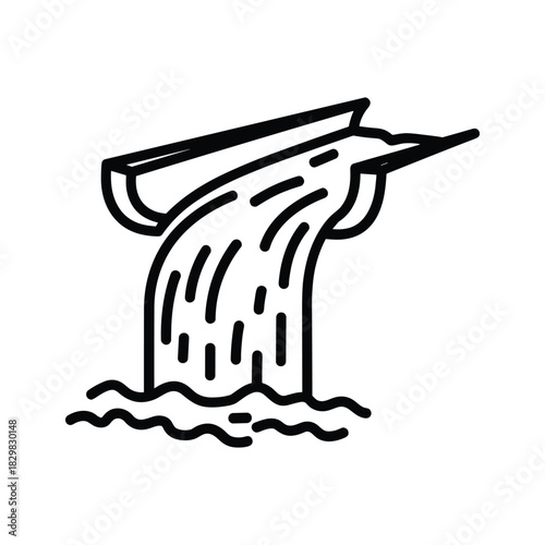 Simple black and white line icon of water flowing from a gutter or downspout into wavy water below, isolated on
