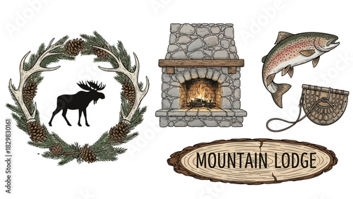 Rustic lodge vector elements with antler wreath, fireplace, moose, and trout for cabin branding