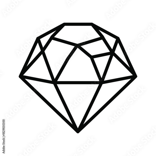 Simple black and white line art icon representing a faceted diamond or gemstone, isolated on