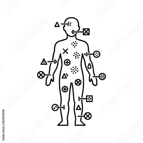 Human body outline with various medical symbols indicating health conditions, symptoms, diagnosis, treatment.