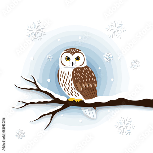 Owl sitting on a branch in snowy weather with falling snowflakes  