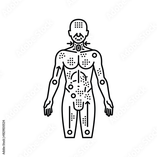 Human body outline with various disease symptoms and condition indicators medical illustration