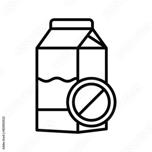 Dairy-free milk carton with prohibition sign icon illustrating lactose intolerance or allergy warning