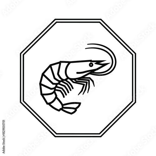 Shrimp seafood simple line art icon in octagonal frame, minimal vector illustration design