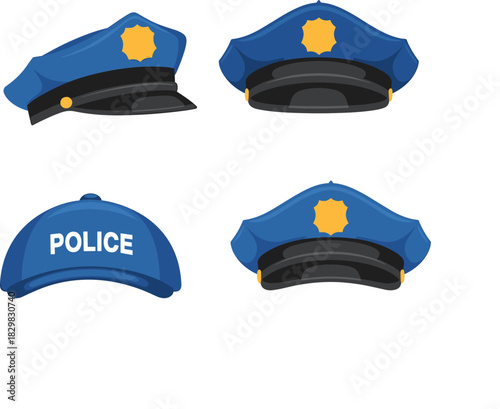 Blue Police Officer Cap and Sheriff Hat Collection Set with Badge, Front View, Law Enforcement Uniform Accessories, Authority, and Security Symbol.