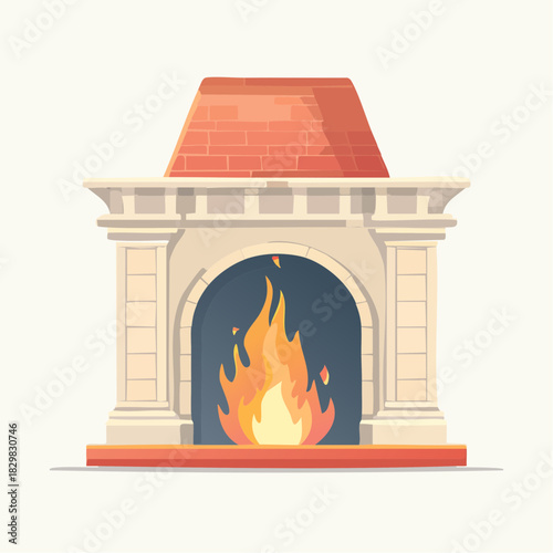 Fireplace with burning fire. Vector illustration of fireplace. Home fireplace. Stone fireplace with red roof. Burning flames. Cozy home. Fireplace on white background. Indoor heating.