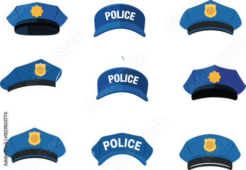 Blue Police Officer Cap and Sheriff Hat Collection Set with Badge, Front View, Law Enforcement Uniform Accessories, Authority, and Security Symbol.