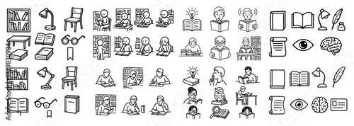 Hand-drawn education icons set with books and readers