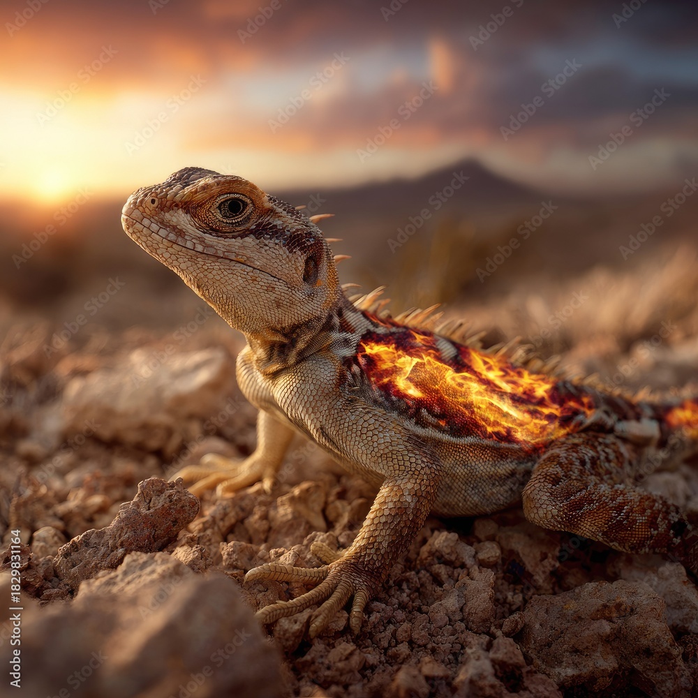 Obraz premium Desert lizard closeup against dramatic sky background in soft sunlight