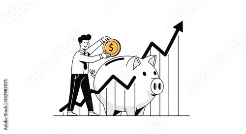 Man Depositing Coin into Piggy Bank with Growth Chart