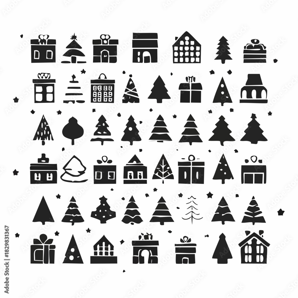 Fototapeta premium Christmas icons set. Black vector illustration of holiday symbols. Christmas tree, gift box, house, snowflake icons. Winter holiday decoration elements. Vector graphics for design.