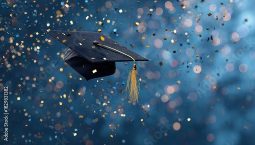 Academic Milestone: A graduation cap gracefully floats amidst a flurry of glittering confetti, symbolizing the culmination of years of hard work, dedication, and the dawn of a bright future.