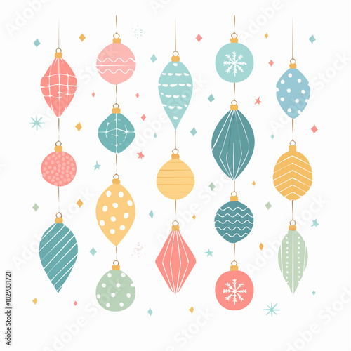 Christmas ornaments hanging on strings. Colorful baubles with patterns. Pink, blue, yellow, green ornaments. White background. Festive holiday decoration. Vector illustration of hanging