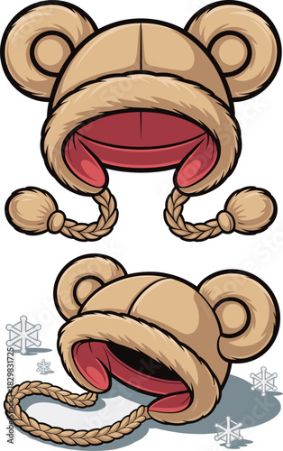 Stylized cartoon bear winter hat illustration set, featuring cozy beige furry ear flap caps, perfect for cold season graphic resources, seasonal advertising, apparel marketing, and web design elements